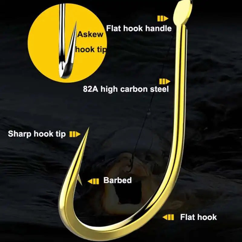 High-Carbon Barbed Fishhooks – 50pcs, Sizes 1–13#, Black & Golden, Carp & Sea Fishing
