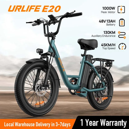 1000W Electric Bike – 48V 13Ah Removable Battery, 20″×3" Fat Tire, 7-Speed, Dual Disc Brakes