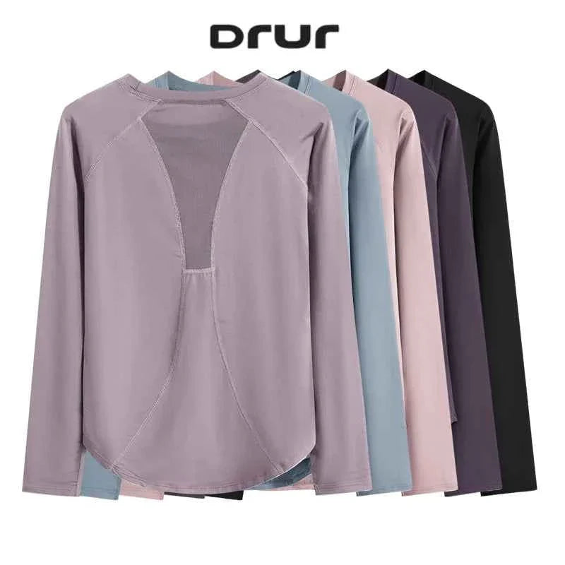 DRUR Long Sleeve Gym Top Women Breathable Quick Dry Workout T-shirt Loose Fit Running Tee Yoga Clothing Sportswear Activewear New