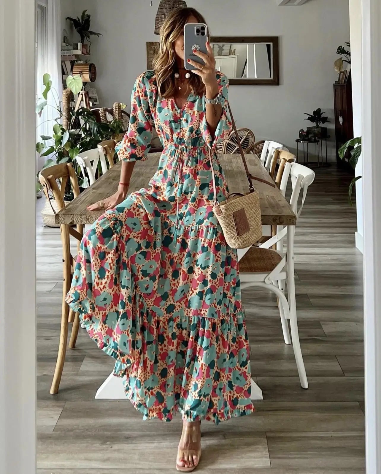 Elegant Women's Flower Long Dresses 2024 Spring New Bohemian Printed  Dress Abıye Kadın Abiye  Платье Robe Ete Femme Vestidos