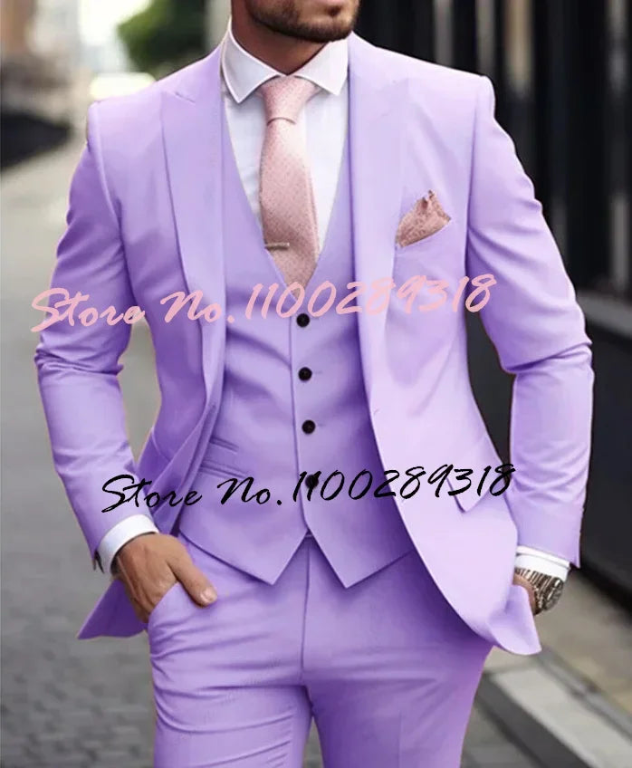 Pink Luxury Men's Suits Terno Formal Outfits 3 Piece Jacket Pants With Vest Slim Fit Luxury Costume Homme Formal Occasion Terno