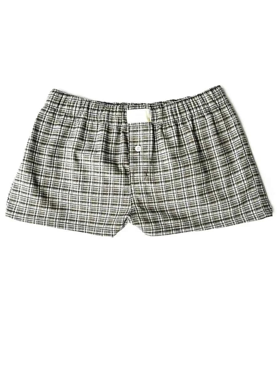 Women’s Y2K Retro Cleanfit Plaid Print Elastic Low Waist Button Front Aesthetic Loungewear Loose Shorts Boxers Streetwear