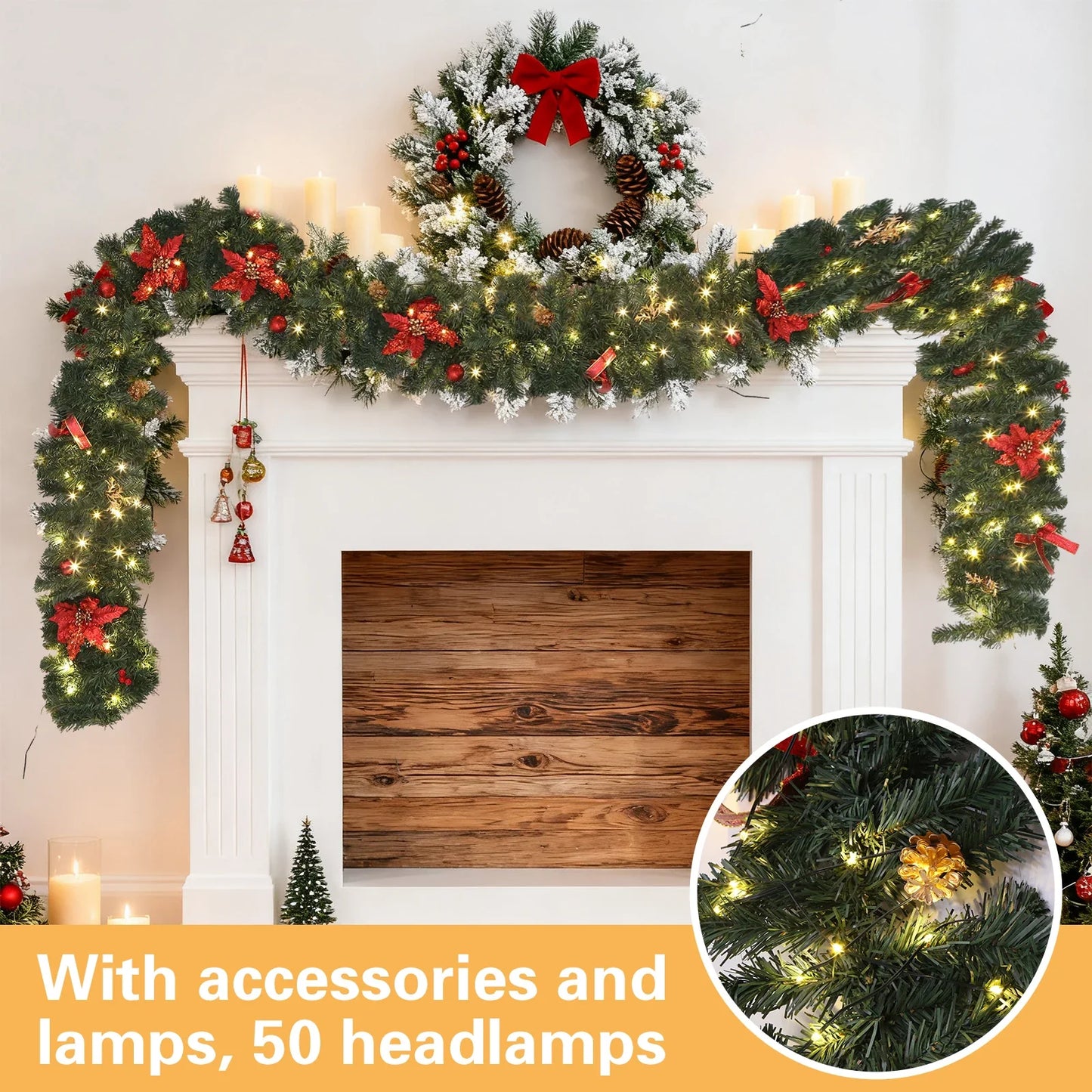 2.7m LED Xmas Fireplace Decor Pre Lit Christmas Garland Door Wreath Pendant (E)