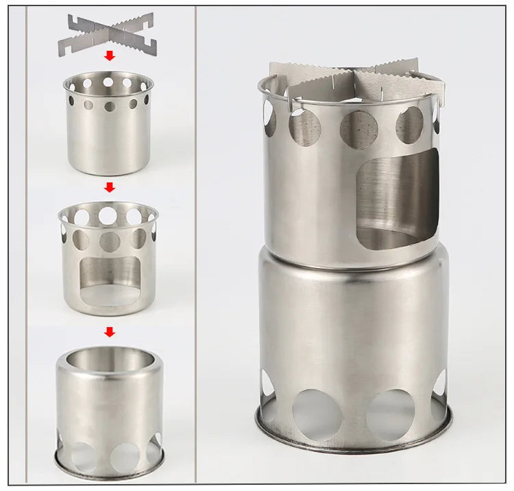 Portable Stainless Steel Wood Burning Camp Stove Set with 304 Cookware Pot for Outdoor Camping New