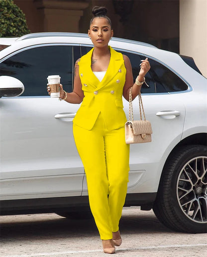 Business Work Wear Two Piece Pant Suits for Women Sets Elegant Sleeveless Blazer Top and Pencil Pants Office Lady Matching Sets