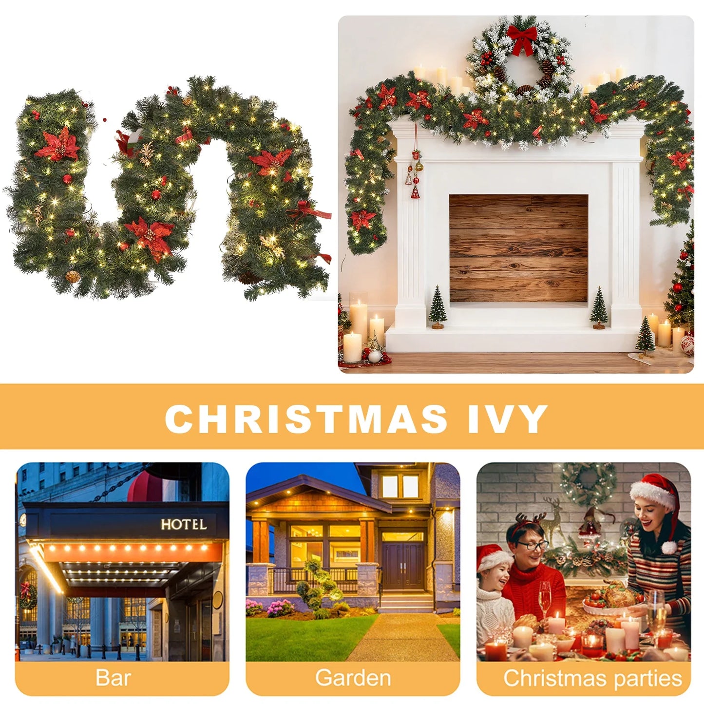 2.7m LED Xmas Fireplace Decor Pre Lit Christmas Garland Door Wreath Pendant (E)