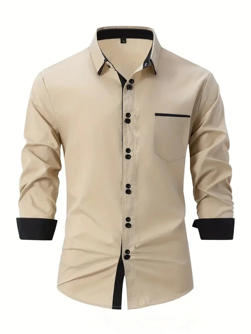 Men's Shirt Business Casual Comfortable Cotton Lapel Color Matching Pocket Holiday Long Sleeve Top