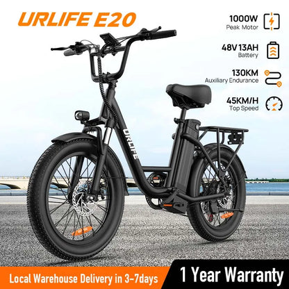 1000W Electric Bike – 48V 13Ah Removable Battery, 20″×3" Fat Tire, 7-Speed, Dual Disc Brakes