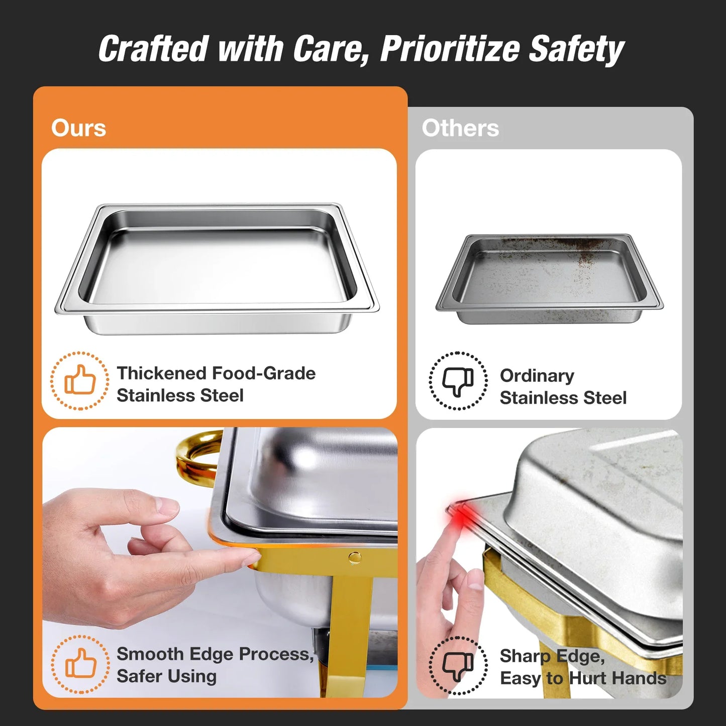 8QT Stainless Steel Chafing Dish Set – Gold, Single/Double/Triple Compartments, 2 or 4 Pack