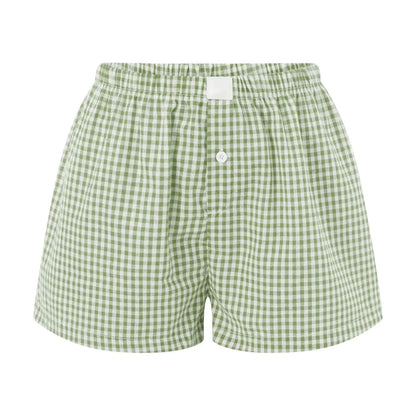Women’s Y2K Retro Cleanfit Plaid Print Elastic Low Waist Button Front Aesthetic Loungewear Loose Shorts Boxers Streetwear