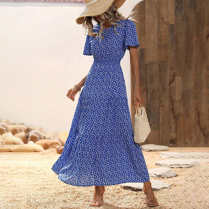 Spring Summer Tierred Dress Women Midi Dresses Female Short Sleeve Elastic Waist Printed Floral Pleated Backless Casual Dress