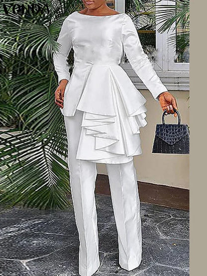 Plus Size VONDA 2024 Women Ruffled Sets Fashion Solid Color Suits Long Sleeve Irregular Top Patchwork Fitting Outfits 2pcs