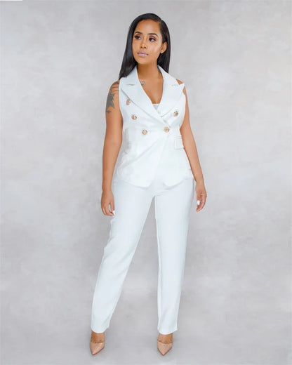 Business Work Wear Two Piece Pant Suits for Women Sets Elegant Sleeveless Blazer Top and Pencil Pants Office Lady Matching Sets