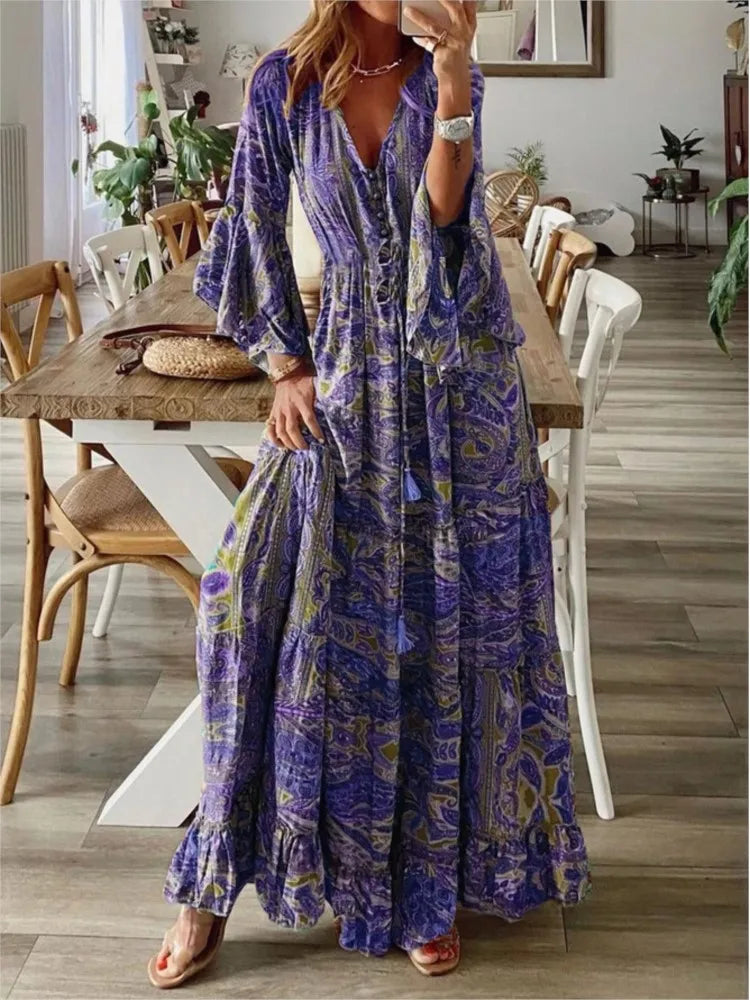 Spring Autumn Women's Fashion Bohemian Style Flare Sleeves Printed V-neck High Waist Dress Fragmented Flower Women's Long Dress