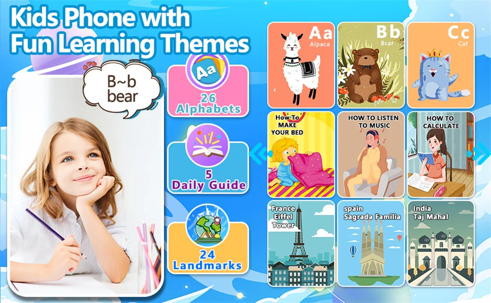 32GB Kids Smart Phone 2.8'' IPS Mini Toy Phone Music Player  28 Games Alarm Clock Flashlight Dual Camera Educational Funny Toys