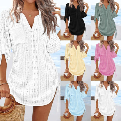 Women's V-Neck Hollow Out Beach Tunic - Lightweight Summer Cover Up with Side Tie Details