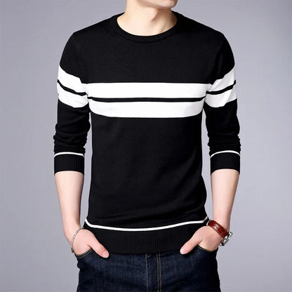 New Men's Casual Long Sleeved Striped Round Neck Knitted Sweater Comfortable Fashionable Breathable and Versatile Top