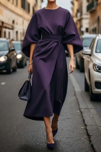 Spring Fashion Solid Color Dress Women Sexy Round Neck Bat Sleeve High Waist Dress Elegant Commuting Dresses for Women Summer