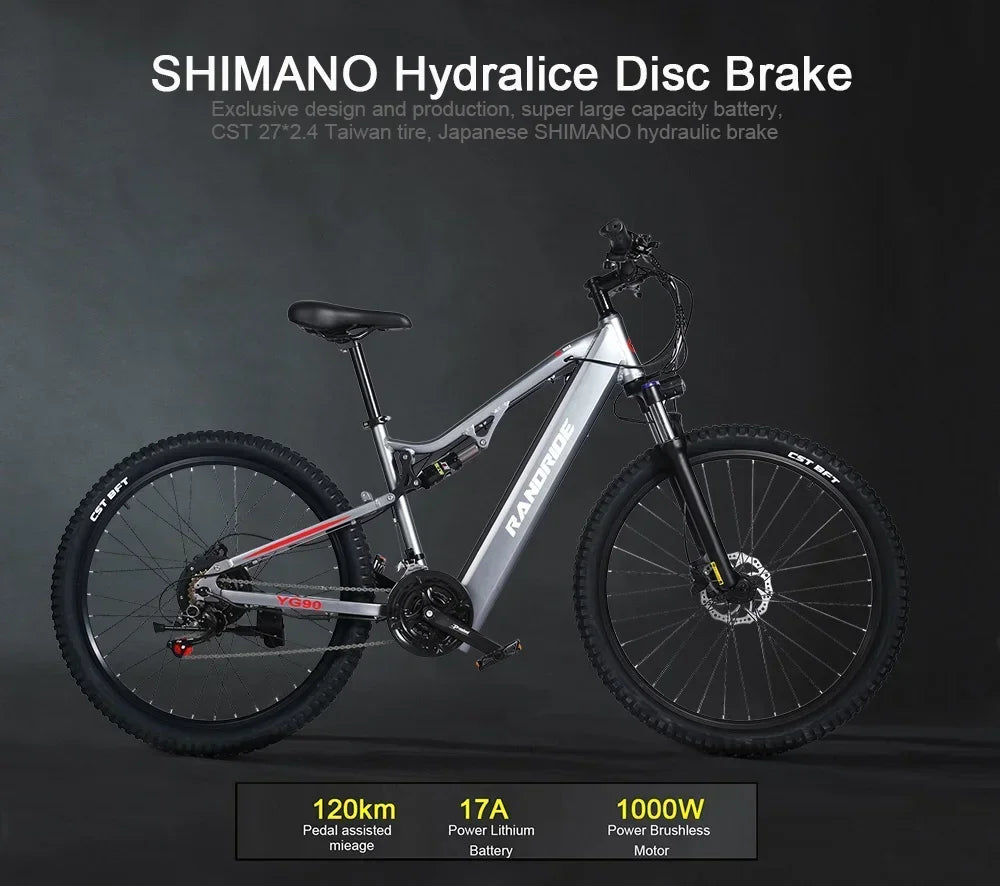 Electric Bicycle RANDRIDE YG90 1000W 48V17AH Hydraulic Brake E-bike with Full Suspension  21 Gears Shift Free Rack Electric bike