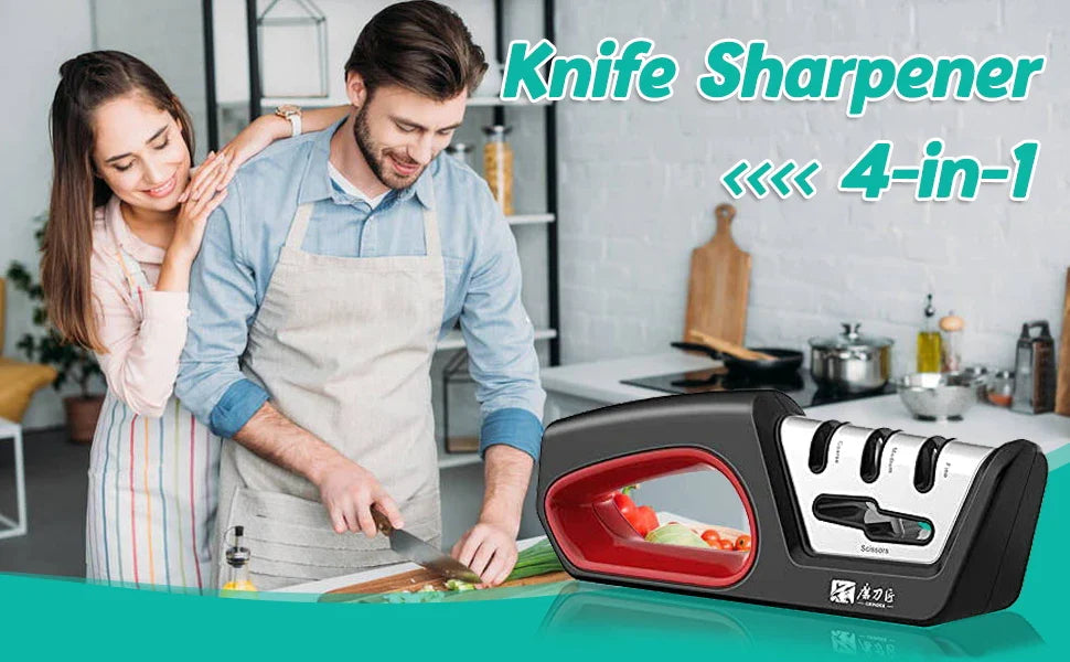 Four in one kitchen sharpener restores serrated blade knives and scissors, diamond tungsten steel