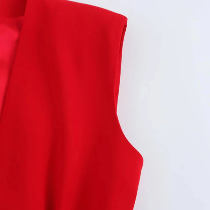 KONDALA Office Lady Chic Red Vest Blazer Suit V Neck Sashes Sleeveless Blazer High Waist Wide Leg Pants Fashion 2025 Summer Sets