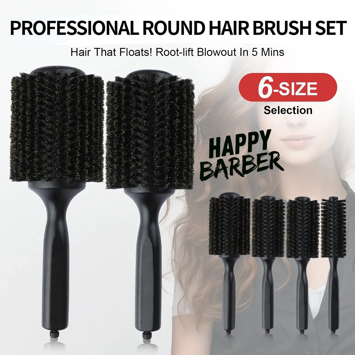 6 Sizes Boar Bristle Round Hair Brush Curly Hair Styling Comb Professional Removable Tail Barber Hairdresser Round Rolling Comb