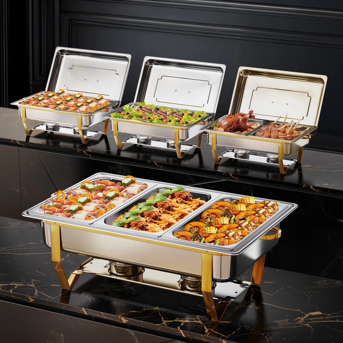8QT Stainless Steel Chafing Dish Set – Gold, Single/Double/Triple Compartments, 2 or 4 Pack
