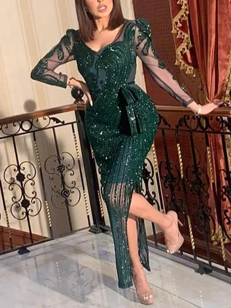 2022 New Fashion V-neck Sparkling Hot Printed Green Long Sleeve Evening Dress Evening Dress for Women  party wedding Vestidos