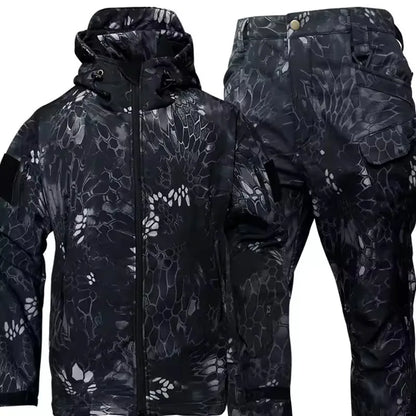 Winter Thicken Men Camo Suit Waterproof Tactical Training Set Multi-pocket Hooded Jacket Fleece Pants Outdoor Hunting 2-piece