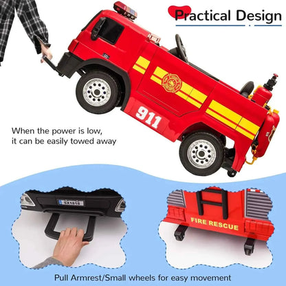 AOOU 12V Ride on Fire Truck, Kids Electric Vehicle, Battery Powered Car Toy w/Remote Control, Power Motorized Driving Car