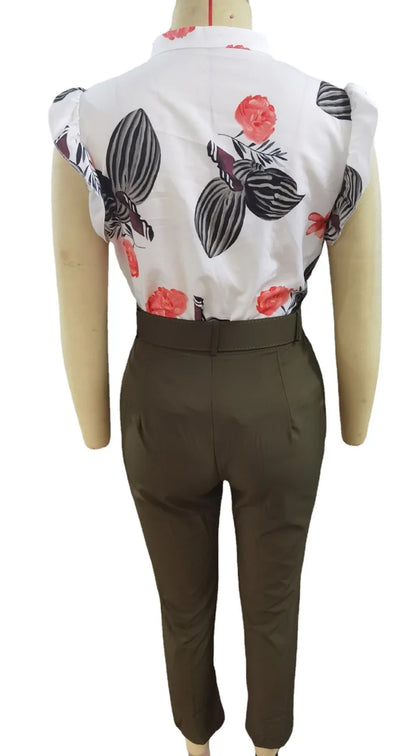 Elegant Women Two Piece Set Suits New Fashion Printed Ruffle Sleeve Top Solid Color Pants Set With Belt  Blouses Female Clothing