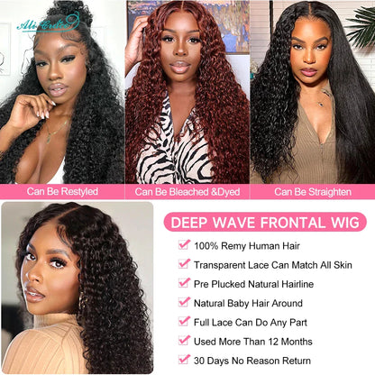 Ali Grace Hair Malaysian Deep Wave Hair Wigs Pre-Plucked 13X4 Lace Front Human Hair Wigs Natural Hairline With Baby Hair