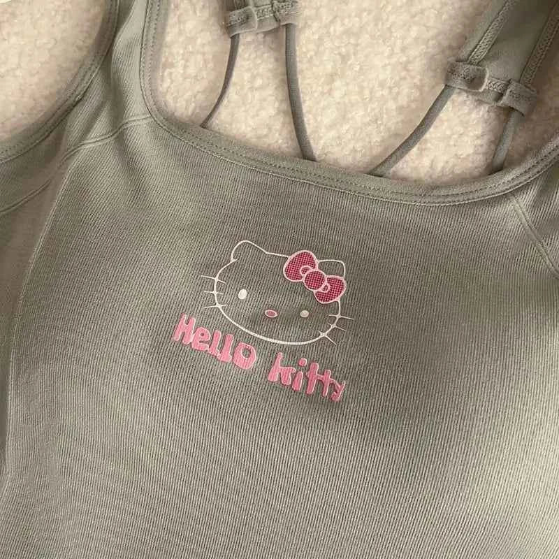 Summer Cute Girly Style HelloKitty Printed Suspender Vest with Chest Pad Slim Pinch Waist Versatile Vintage Top