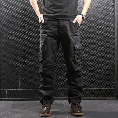 Men's Cotton Cargo Pants – Loose Fit, Multi-Pocket, Camo & Black, Waist 31-36