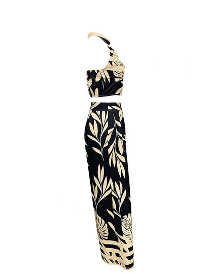Boho floral print pant sets women fashion high waist pants outfit sexy sleeveless backless crop tops two pieces sets