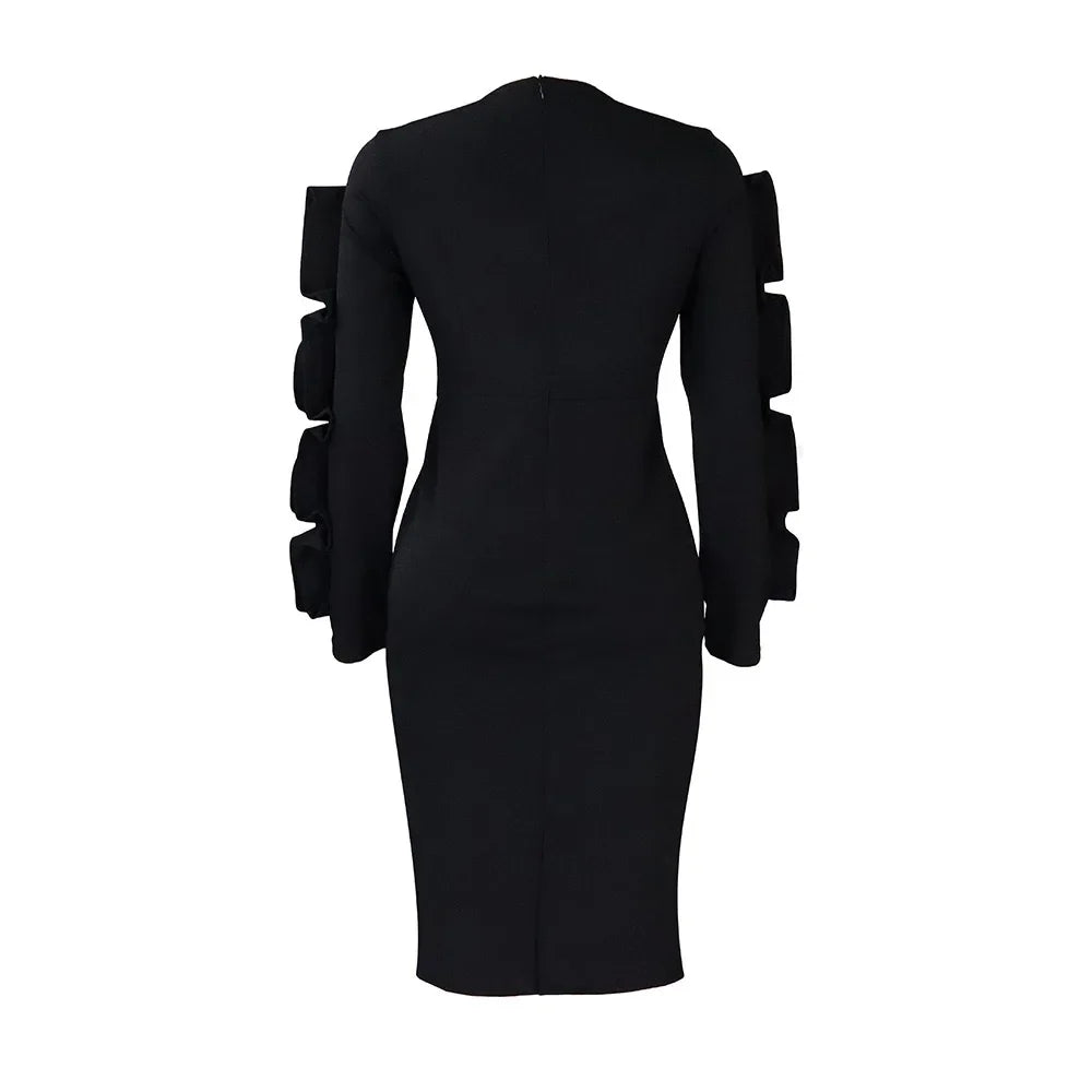 Elegant Office Dresses for Woman 2024 New O Neck Petal Sleeve Sheath Package Hips Mid Calf Formal Business Work Wear Dress Midi