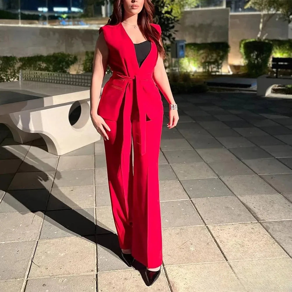 KONDALA Office Lady Chic Red Vest Blazer Suit V Neck Sashes Sleeveless Blazer High Waist Wide Leg Pants Fashion 2025 Summer Sets