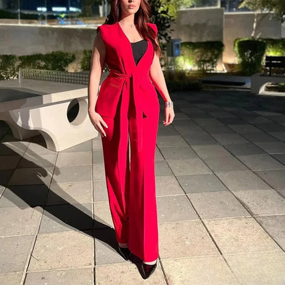 KONDALA Office Lady Chic Red Vest Blazer Suit V Neck Sashes Sleeveless Blazer High Waist Wide Leg Pants Fashion 2025 Summer Sets