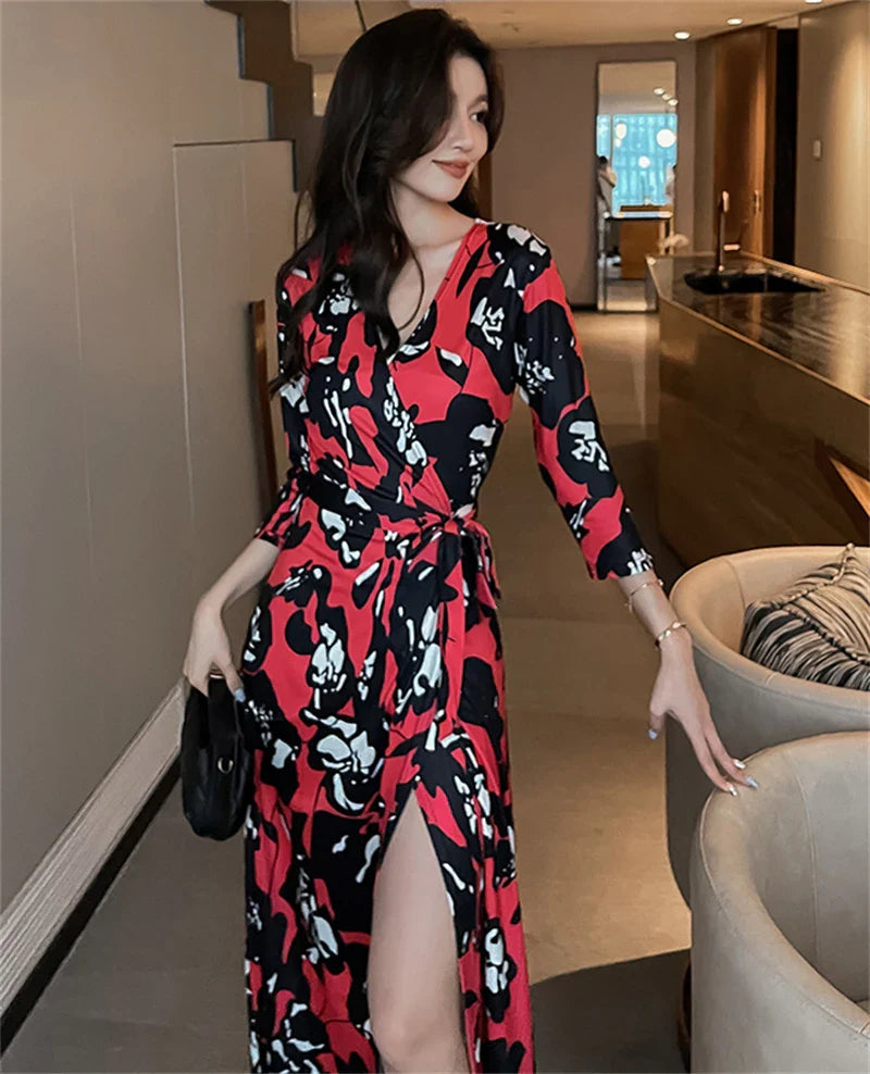 FANIECES Summer Wrap Dresses Women Sexy V Neck Split Maxi Dress Print Female Casual Beachwear Lace Up Party Vestidos Robe платье