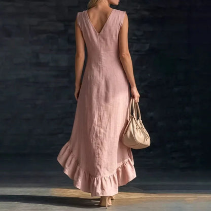 Summer Hot Casual Sleeveless Ruffle Bohemian Dress Women Sexy V Neck Solid Irregular Long Dress Spring Elegant Loose Party Dress