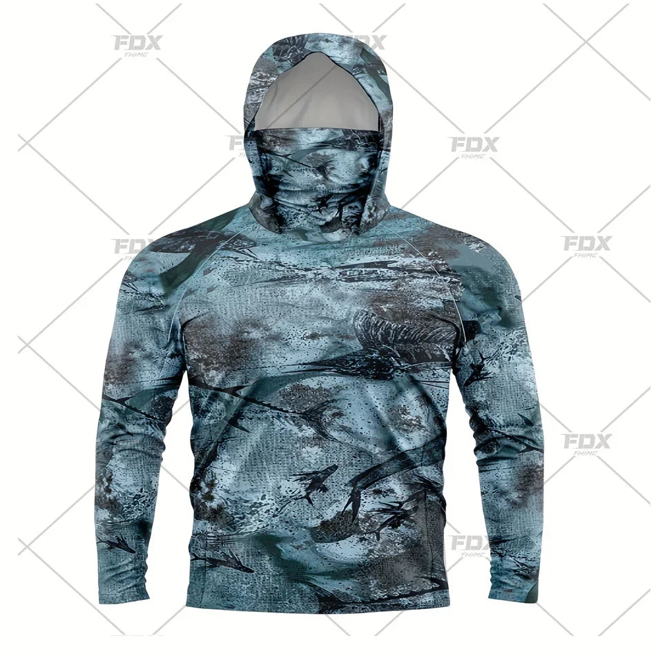 Army Green Camo Colorful Hoodie with Face Mask UV 50+Gaiter Fishing Clothing Men's Long sleeved Breathable Quick Drying T-shirt