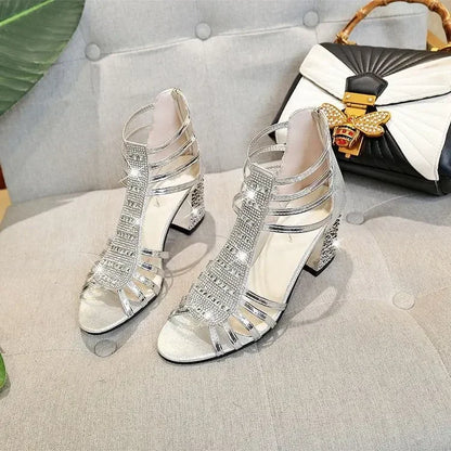 Silver Gold Sandals Peep Toe Chunky Heels New Women Wedding Shoes Ankle Boots Sandal Open Toe High Heels Dress Gold Bling Pump