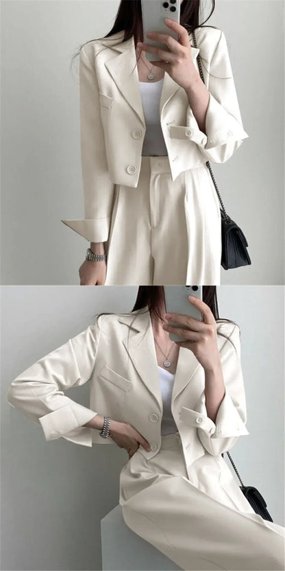 Suit Coat 2 Piece Set Women Blazer Jacket Straight Pants Ensemble Single Breasted Turn Down Collar Trousers Office Lady Outfits