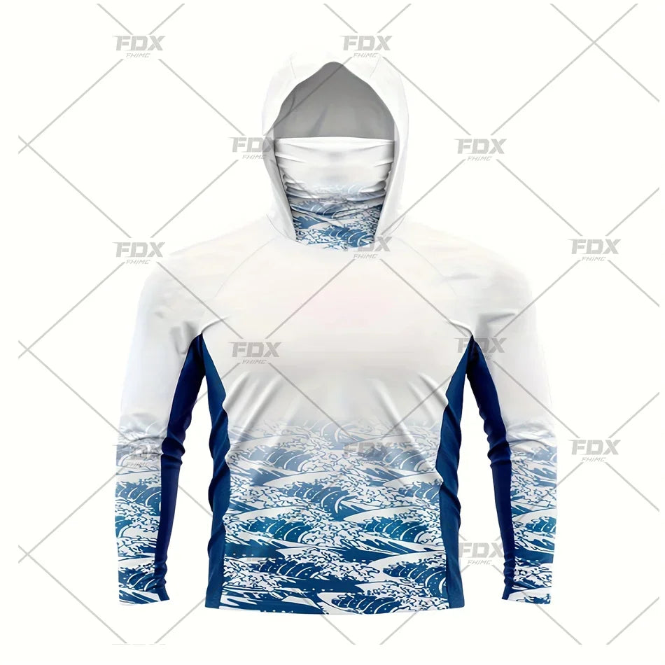 Army Green Camo Colorful Hoodie with Face Mask UV 50+Gaiter Fishing Clothing Men's Long sleeved Breathable Quick Drying T-shirt