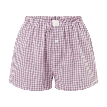 Women’s Y2K Retro Cleanfit Plaid Print Elastic Low Waist Button Front Aesthetic Loungewear Loose Shorts Boxers Streetwear