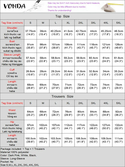 Plus Size VONDA 2024 Women Ruffled Sets Fashion Solid Color Suits Long Sleeve Irregular Top Patchwork Fitting Outfits 2pcs