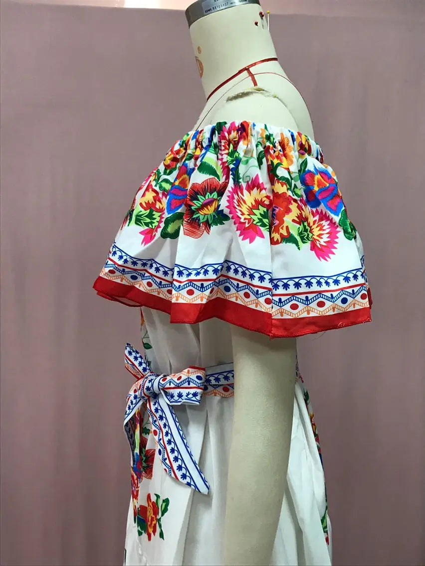 2024 Spring Summer Women's New Sexy One Shoulder Off Shoulder Fashion Red Flower Printed Lace Up Waist Long Swing Dress