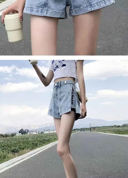 Women's Korean Y2K Black Denim Shorts Summer Thin High Waist A-Line Loose Wide Leg Slimming Hot Pants