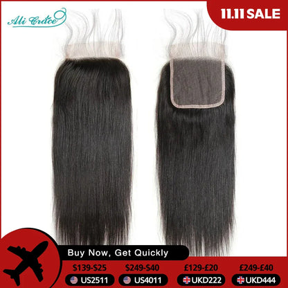 Ali Grace 5x5 HD Closure Brazilian Straight Hair HD/Transparent Lace Closure Pure-Hand Tied Human Hair Lace Closure 14-20Inch