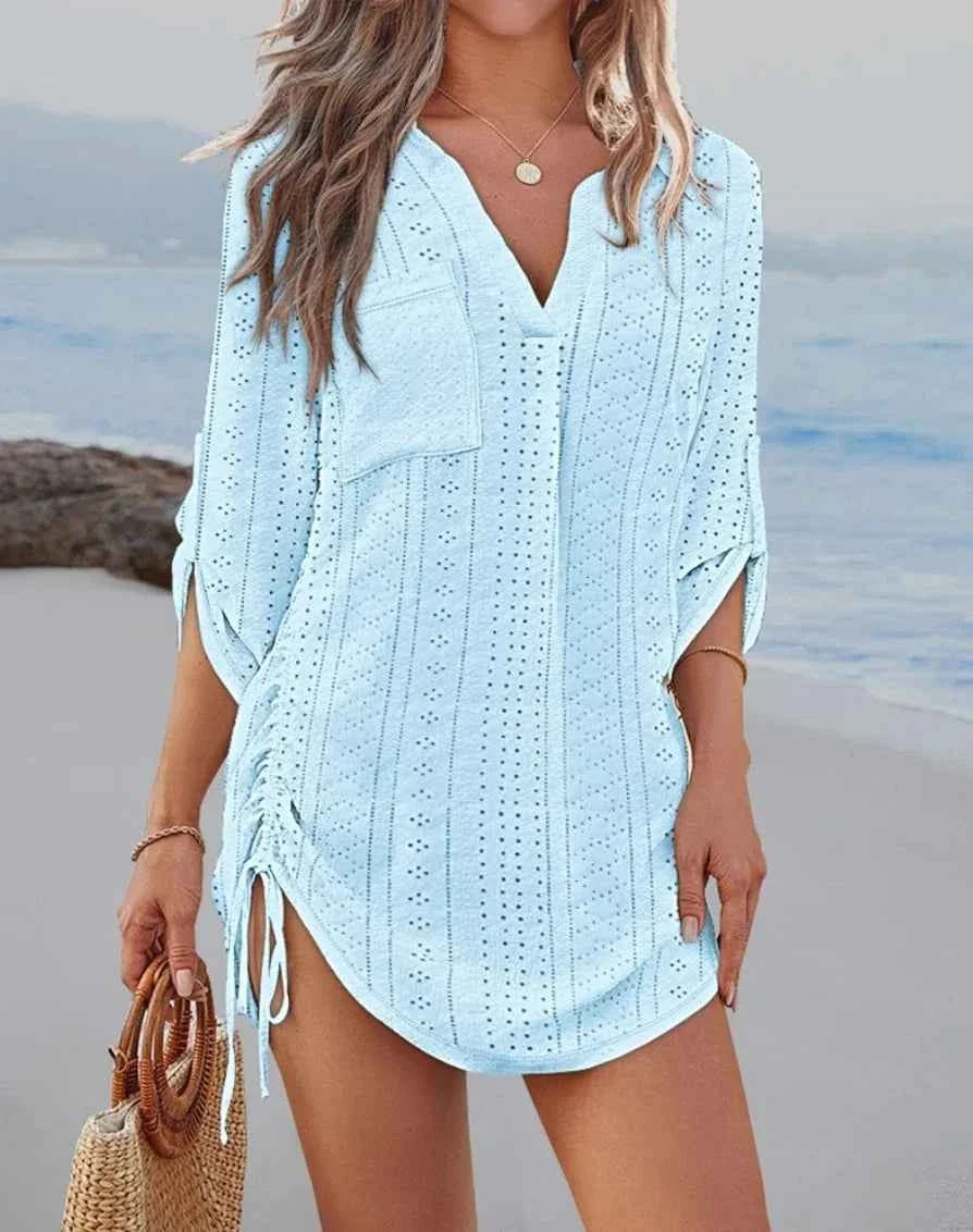 Women's V-Neck Hollow Out Beach Tunic - Lightweight Summer Cover Up with Side Tie Details